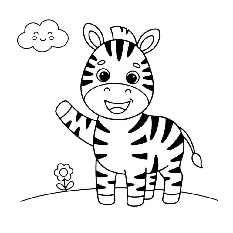 Na obrazku znajduje się uśmiechnięta mała zebra stojąca na trawie z uniesioną łapką, z uśmiechniętą chmurką w tle.