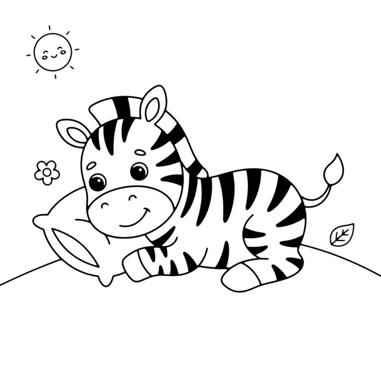 Na obrazku znajduje się uśmiechnięta mała zebra leżąca wygodnie na boku i przytulająca miękką poduszkę.