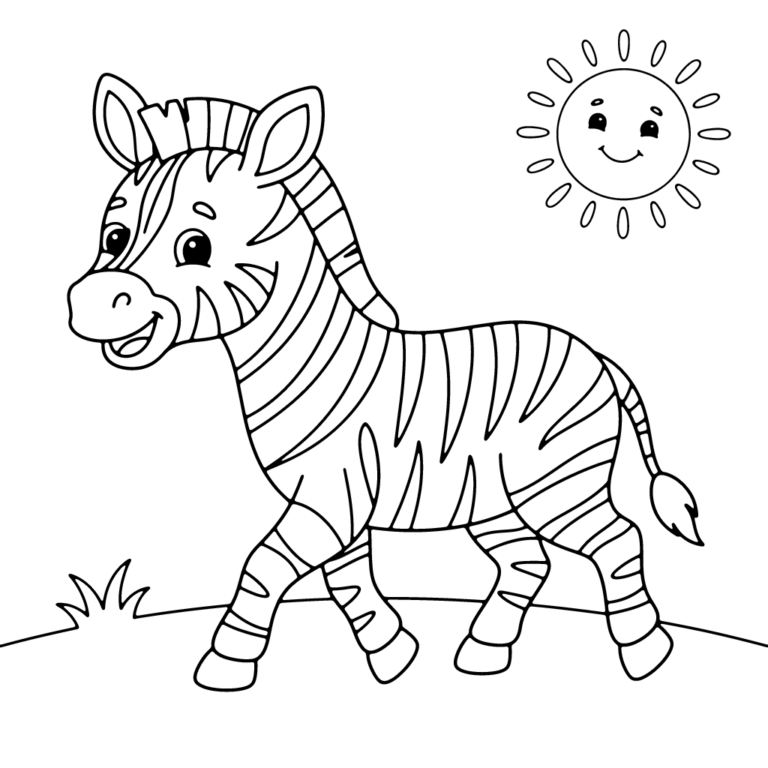 Na obrazku znajduje się uśmiechnięta mała zebra idąca po trawie, a w prawym górnym rogu świeci wesołe słoneczko.