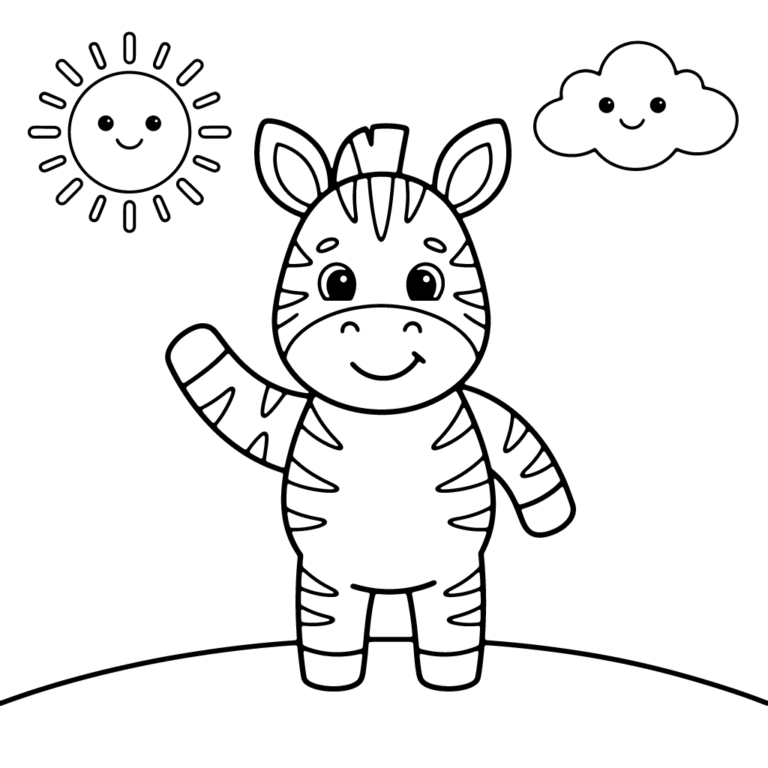 Na obrazku znajduje się uśmiechnięta mała zebra stojąca na wzgórzu, która macha łapką w stronę radosnego słoneczka i chmurki.