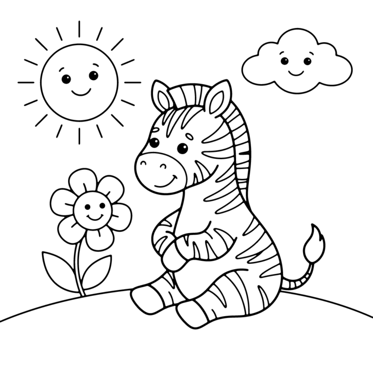 Na obrazku znajduje się siedząca mała zebra, która z uśmiechem pochyla się, by powąchać duży, uśmiechnięty kwiat.