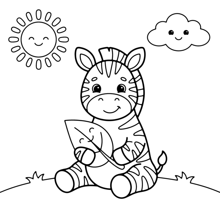 Na obrazku znajduje się uśmiechnięta mała zebra siedząca na trawie i trzymająca w przednich kopytkach duży, uśmiechnięty liść.