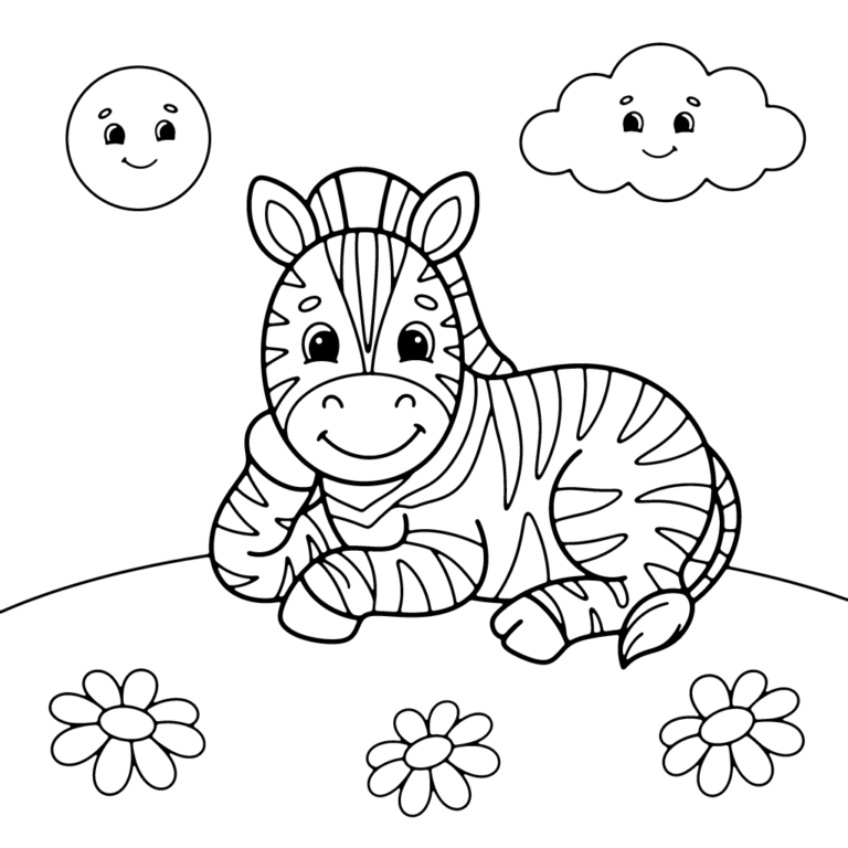Na obrazku znajduje się uśmiechnięta mała zebra, która leży wygodnie na boku na łące pełnej kwiatów, w otoczeniu słoneczka i chmurki.