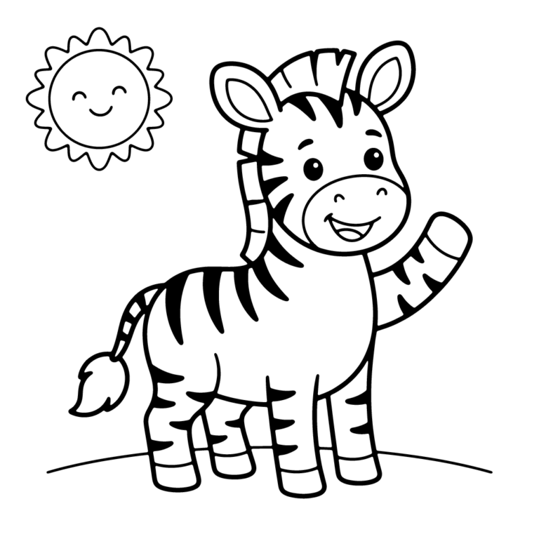Na obrazku znajduje się uśmiechnięta mała zebra stojąca na trawie i machająca kopytkiem, nad którą świeci uśmiechnięte słonečko.