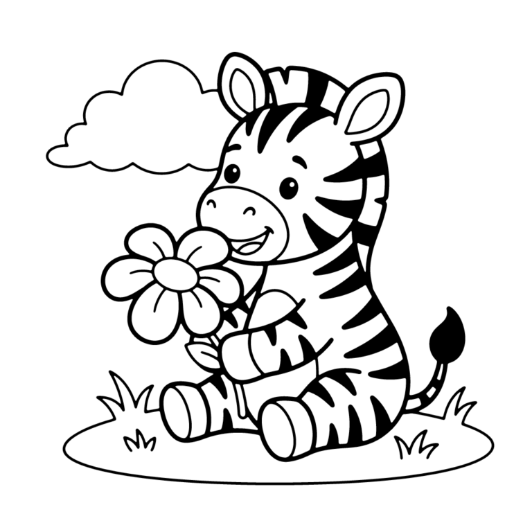 Na obrazku znajduje się siedząca na trawie mała, uśmiechnięta zebra trzymająca w łapkach duży kwiat, z chmurką w tle.
