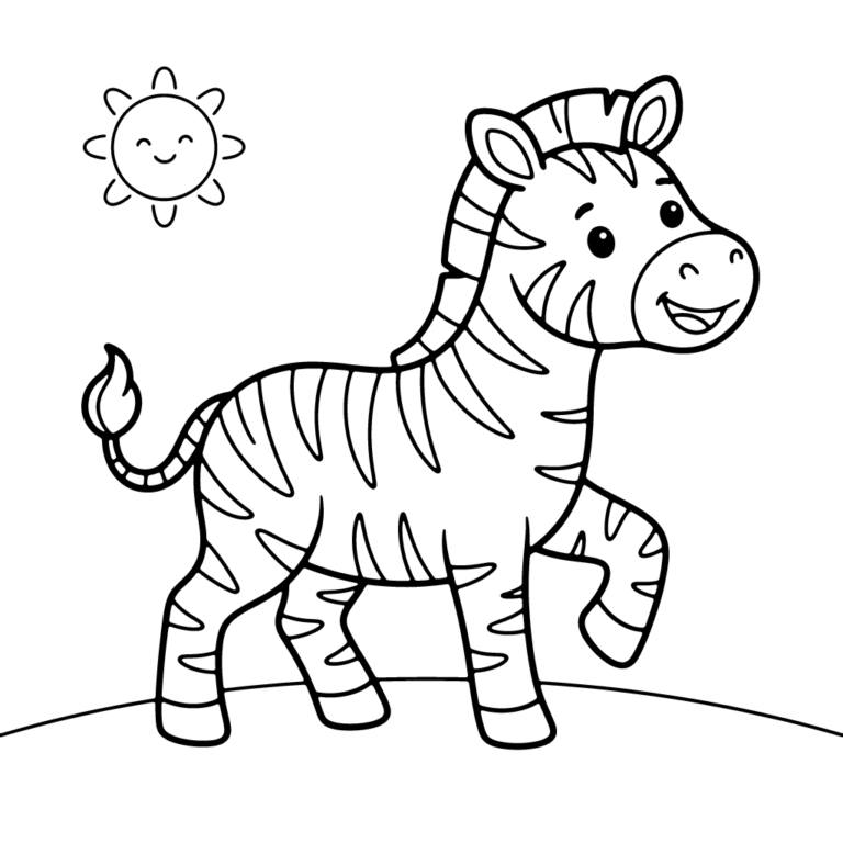 Na obrazku znajduje się uśmiechnięta mała zebra idąca przed siebie po prostej linii trawy, z radosnym słoneczkiem w górnym rogu.