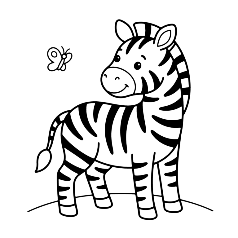 Na obrazku znajduje się stojąca na pagórku uśmiechnięta mała zebra, która odwraca głowę w stronę lecącego obok niej motylka.