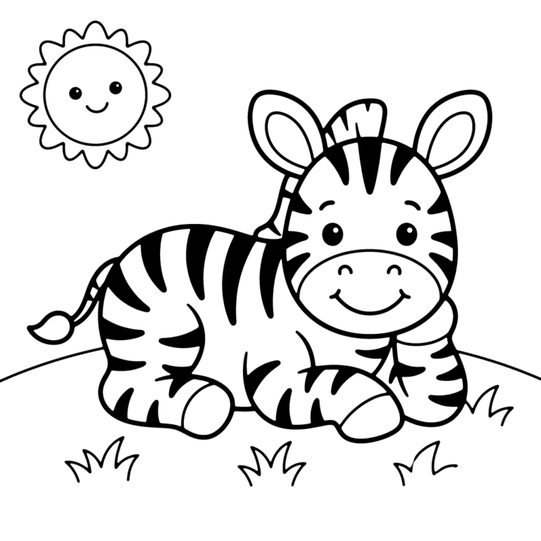 Na obrazku znajduje się uśmiechnięta mała zebra, która leży na trawie i odpoczywa pod radosnym słoneczkiem.